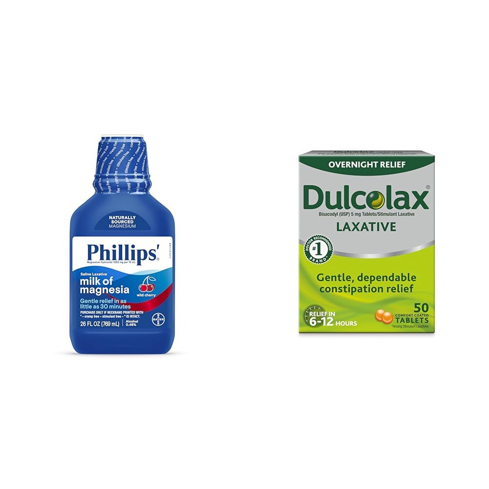 Phillips' Milk of Magnesia Liquid Laxative, Wild Cherry Flavor & Dulcolax Overnight Relief Laxative for Gentle Constipation Relief, Bisacodyl 5 mg Tablets, 50 Count