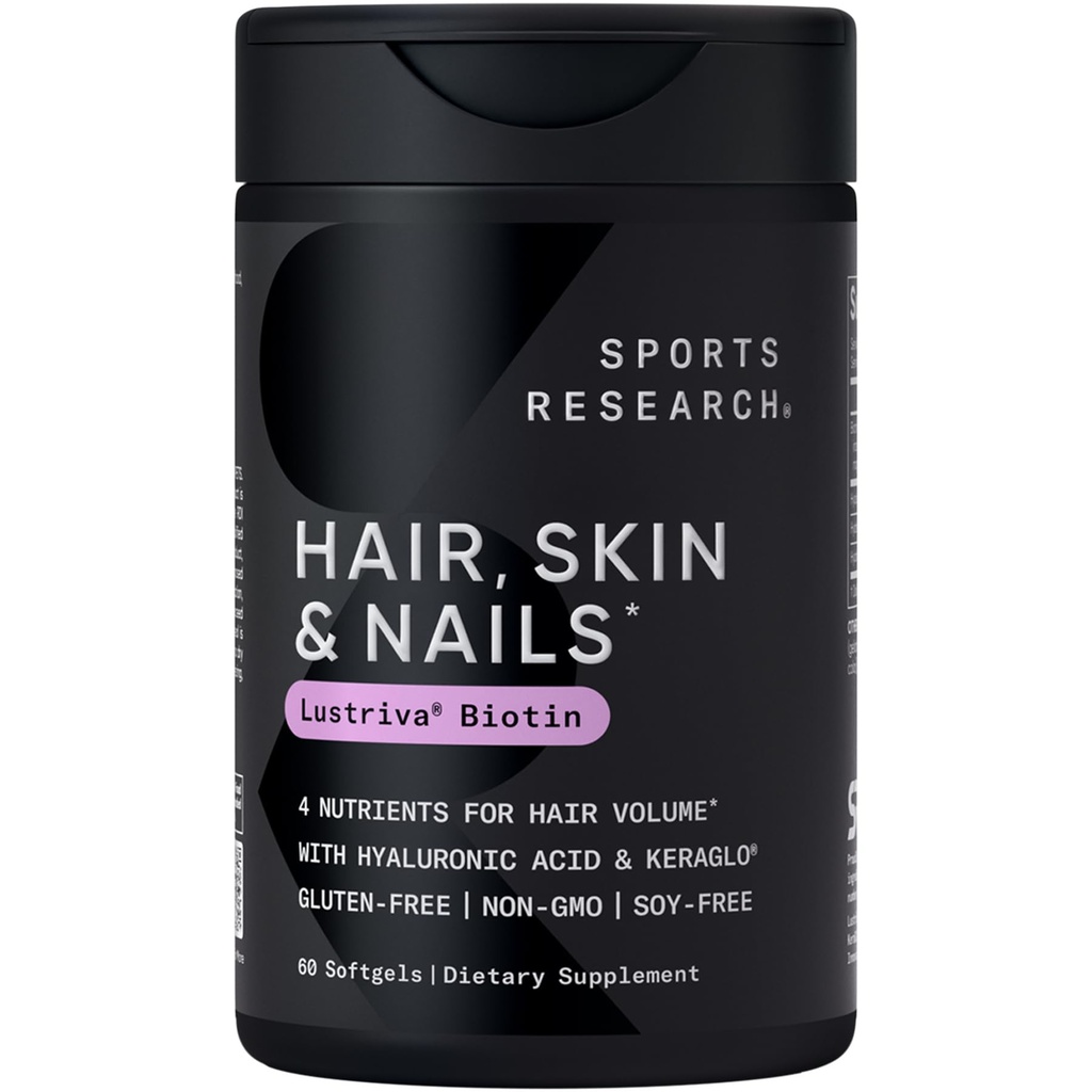 Sports Research® Hair, Skin & Nails Complex - Supports Hair Growth, Glowing Skin & Strong Nails - w/Lustriva® Biotin, Collagen, Hyaluronic Acid & KeraGLO® Keratin - Non-GMO, Gluten-Free, 60 Softgels