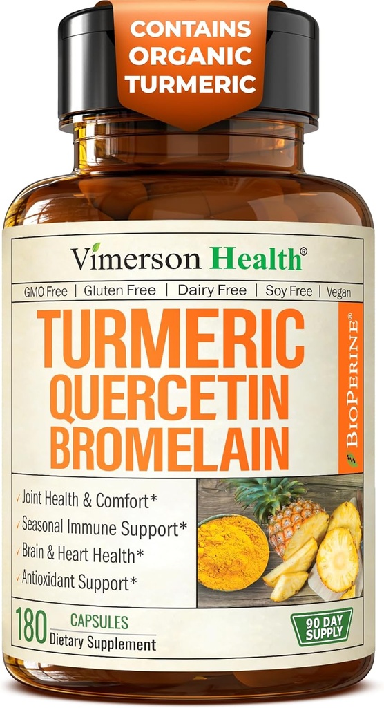 Quercetin with Bromelain Turmeric Curcumin תוסף - Allergy Relief, Joint & Immune Support - תוספת אורגנית Turmeric עם Black Pepper (Bioperine) - 180 Quercetin 500 מ"ג קפסולות