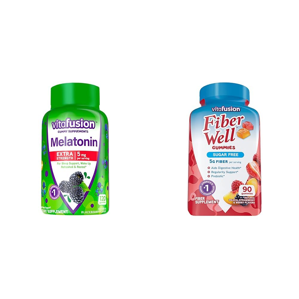 Vitafusion Extra Strength Melatonin Gummy Vitamins, 5mg, 120 ct Gummies & Fiber Well Sugar Free Fiber Supplement, Peach, Strawberry and BlackBerry Flavored Supplements, 90 Count