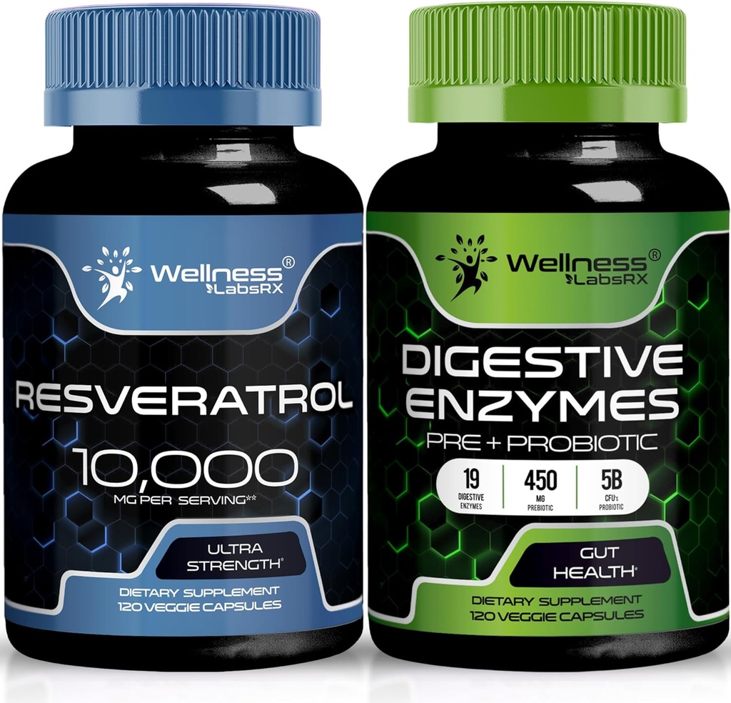 WELLNESS LABSRX Resveratrol 캡슐 10,000mg - 소화 효소 450mg