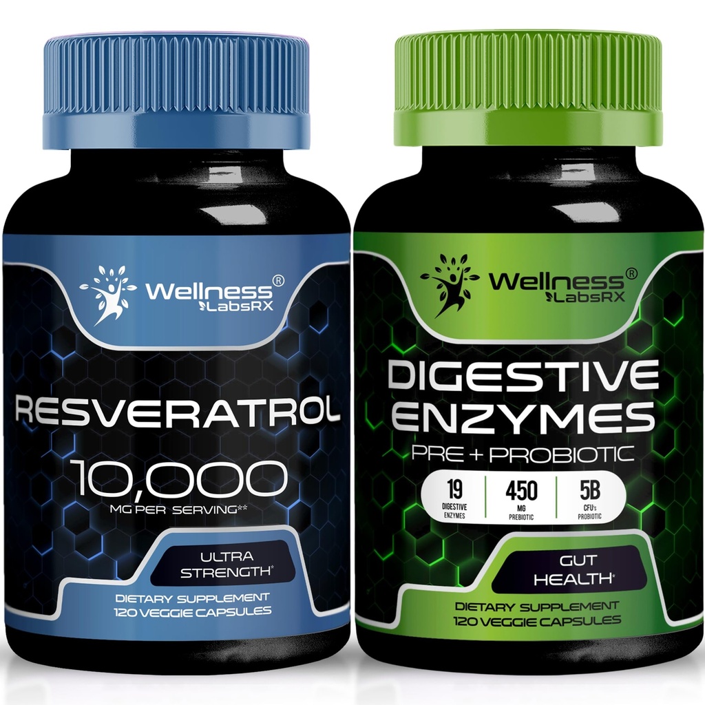WELLNESS LABSRX Resveratrol Capsules 10,000mg - Digestive Enzymes 450mg | Bundle