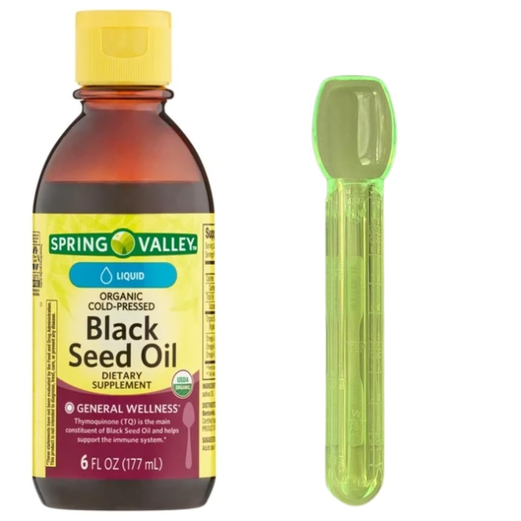 Spring Valley Organic Cold Pressed Black Seed Oil Liquid Antioxidant for Digestion, Immune Health, Hair Growth and More 6oz with 2 TSP (10ML) Medicine Measuring Spoon