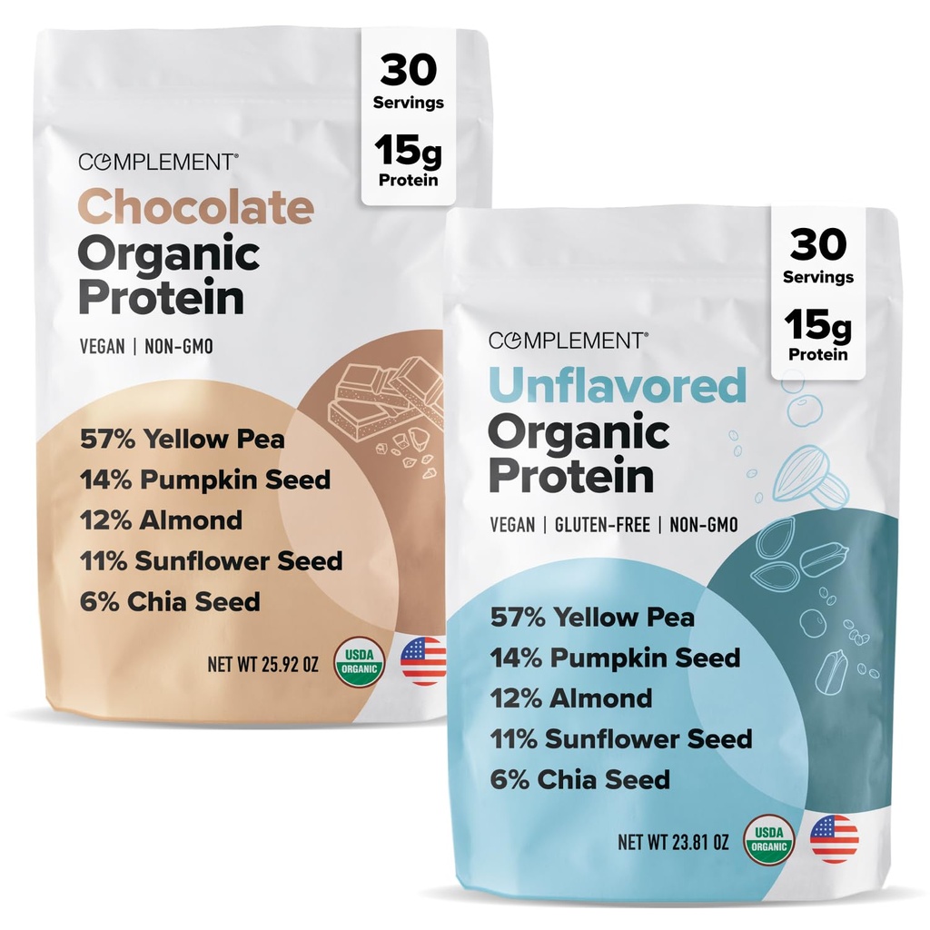 Complement Organic Vegan Protein Powder Bundle – Unflavored & Chocolate (30 Servings Each) | Low Carb, Low Calorie, Sugar Free, Soy Free, Non-GMO, Gluten Free | 15g Plant-Based Protein Per Serving