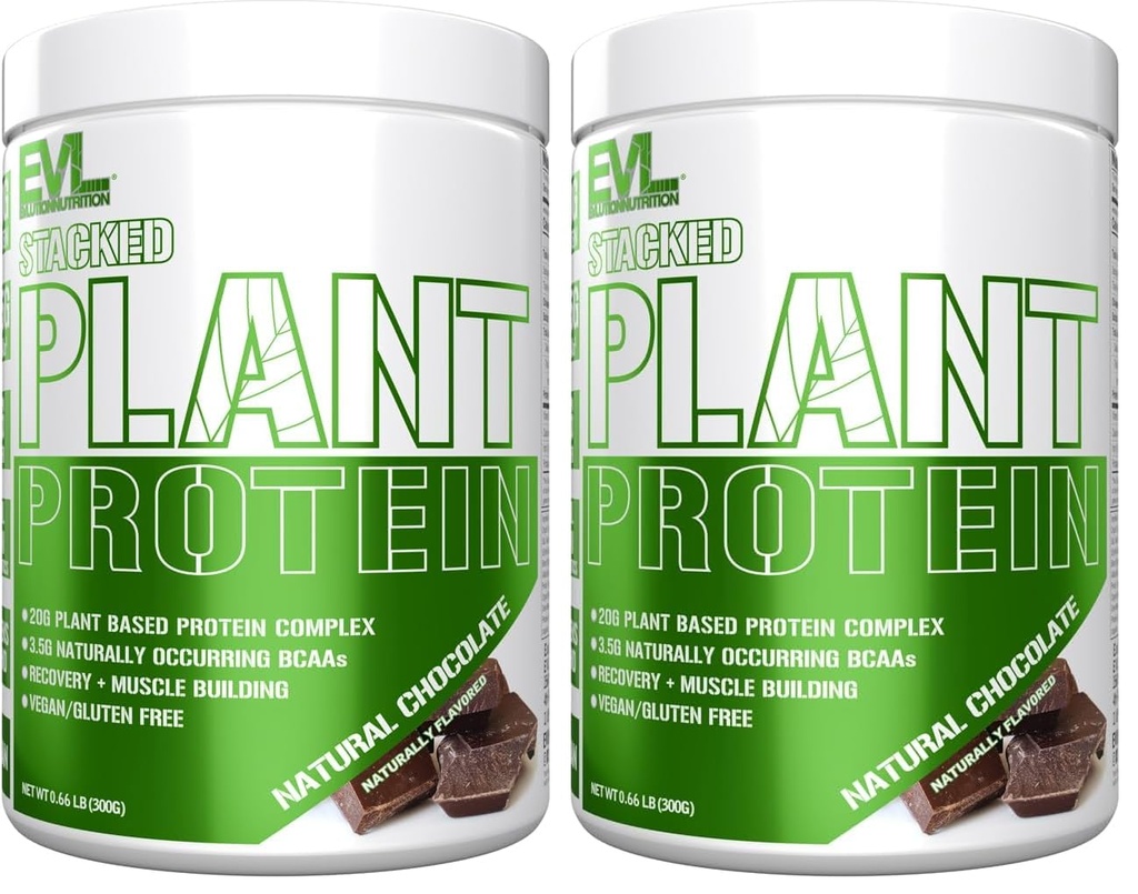 Evlution Nutrition Stacked Plant Protein Powder, Vegan, Non-GMO, Gluten-Free, Probiotics, BCAAs, Fiber, Plant-Based Protein Complex, 300G (Natural Chocolate) (Pack of 2)