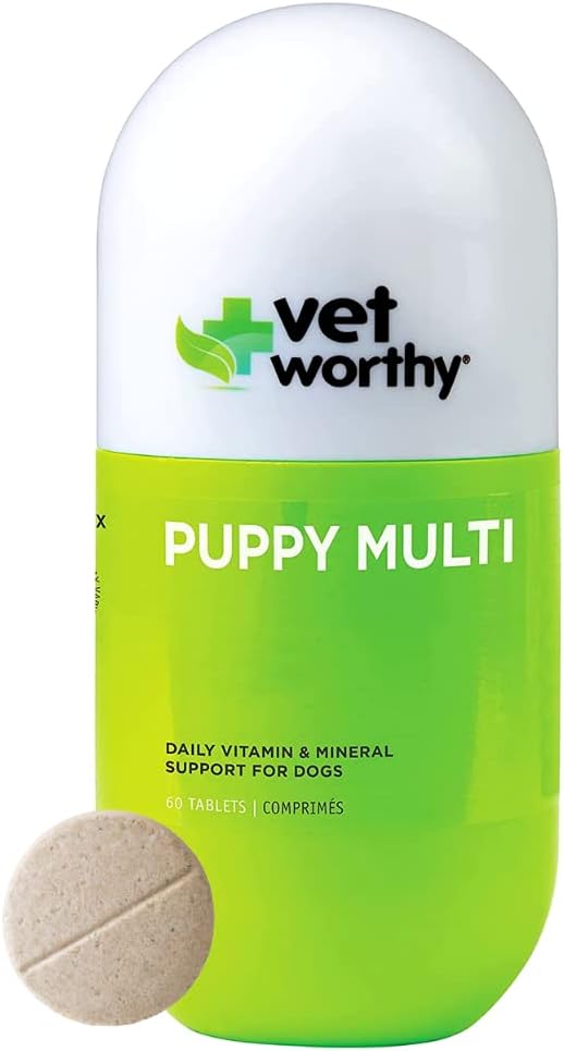 Vet Worthy Puppy Multivitamines - Multivitamines pour les chiots pour soutenir la santé optimale et le bien-être général - Supplément chien avec fer, magnésium, zinc, vitamine A, B Vitamines - Flaveur du foie,60 comprimés à croquer