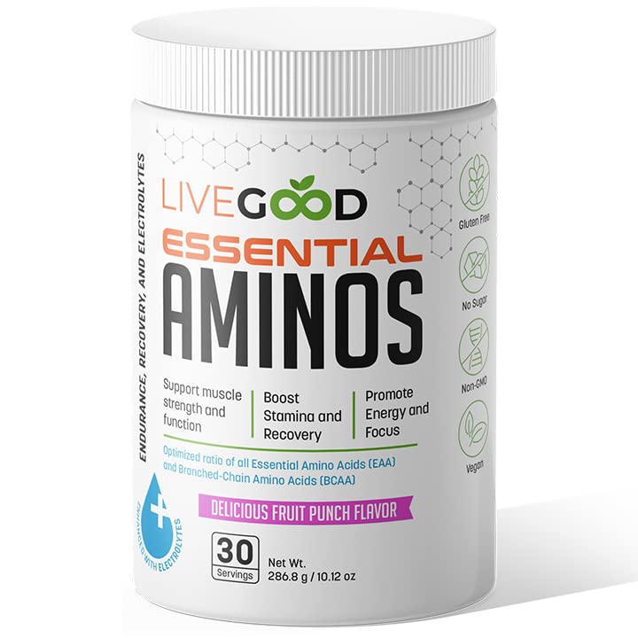 LIVEGOOD Essential Aminos | Essential Amino Acid Formula with BCAAs & Electrolytes | Lean Muscle Support, Recovery & Stamina | Sugar Free, Caffeine Free, Vegan | Fruit Punch