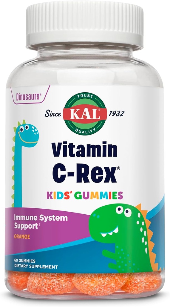 KAL Vitamin C-Rex Otroške žvečilke, Vitamin C Gummies za otroke, Zdrav imunski, Kost, Mišice in koža podpora Vitamin C Gummy, Vegan, Gluten brezplačno, 60 dan denar nazaj garancije, 30 Serving, 60 Gummies
