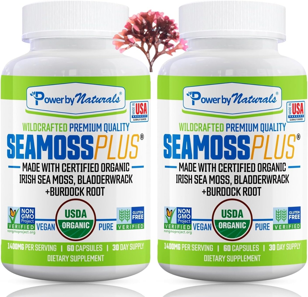 Power by Naturals Sea Moss Plus - USDA Certificated Seamos irlandès, Bladerwrack & Burdock Root, suplementari per Imunity, 60Ct, 2 paquets