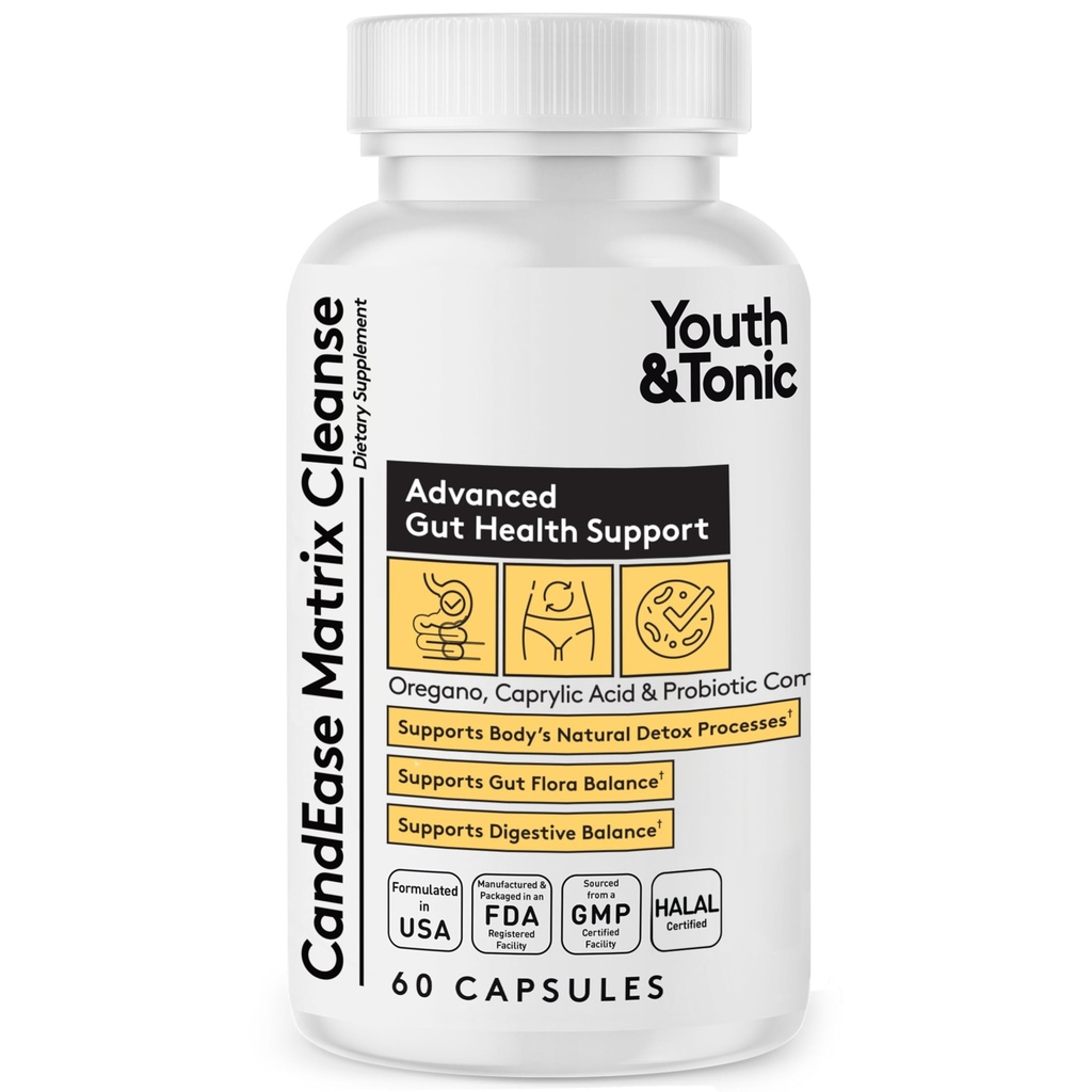 Youth & Tonic CandEase Cleanse Matrix – Overgrowth Support & Gut Health, Intestinal Flora Balance & Body Detox Complex with Oregano, Caprylic Acid, Digestive Enzymes, Probiotics, 60 Pills, Women & Men