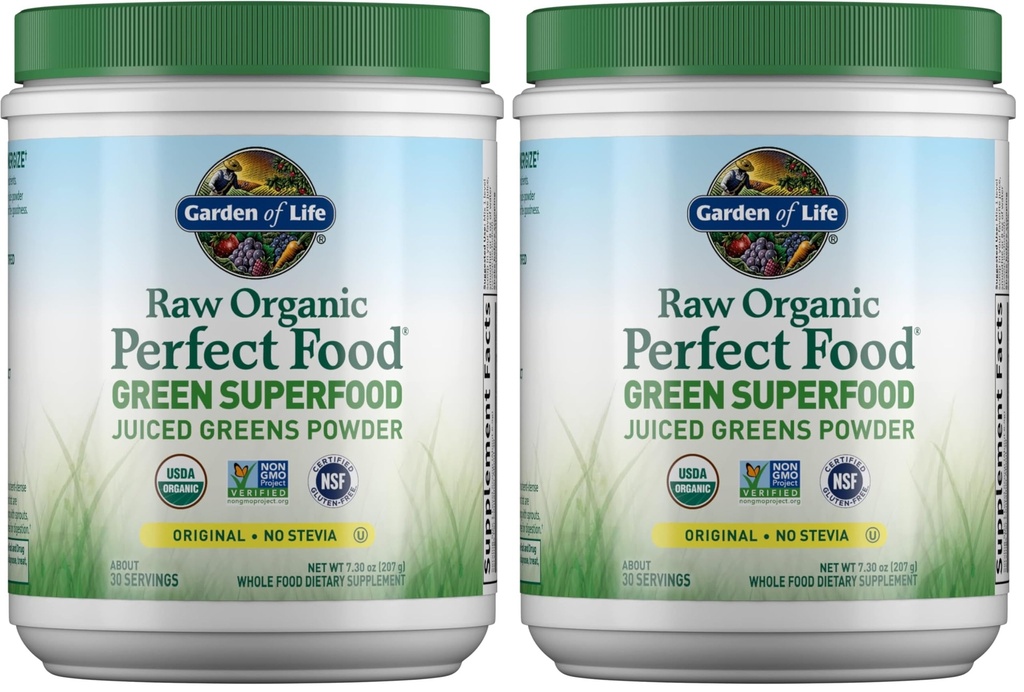 Garden of Life Raw Organic Perfect Food Green Superfood Juiced Greens Powder - Original Stevia-Free,30 Servings,Non-GMO,Gluten Free Whole Food Dietary Supplement,Alkalize,Detoxify,Energize,(Pack of 2)