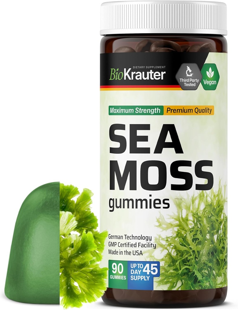 BIO KRAUTER Irish Sea Moss Gummies for Women and Men - 2840 mg Stiprums - 90 Vegan Chews - Bladderwrack & Burdock Root Papildinājums - Chondrus Crispus Formula - Seamoss Gumies