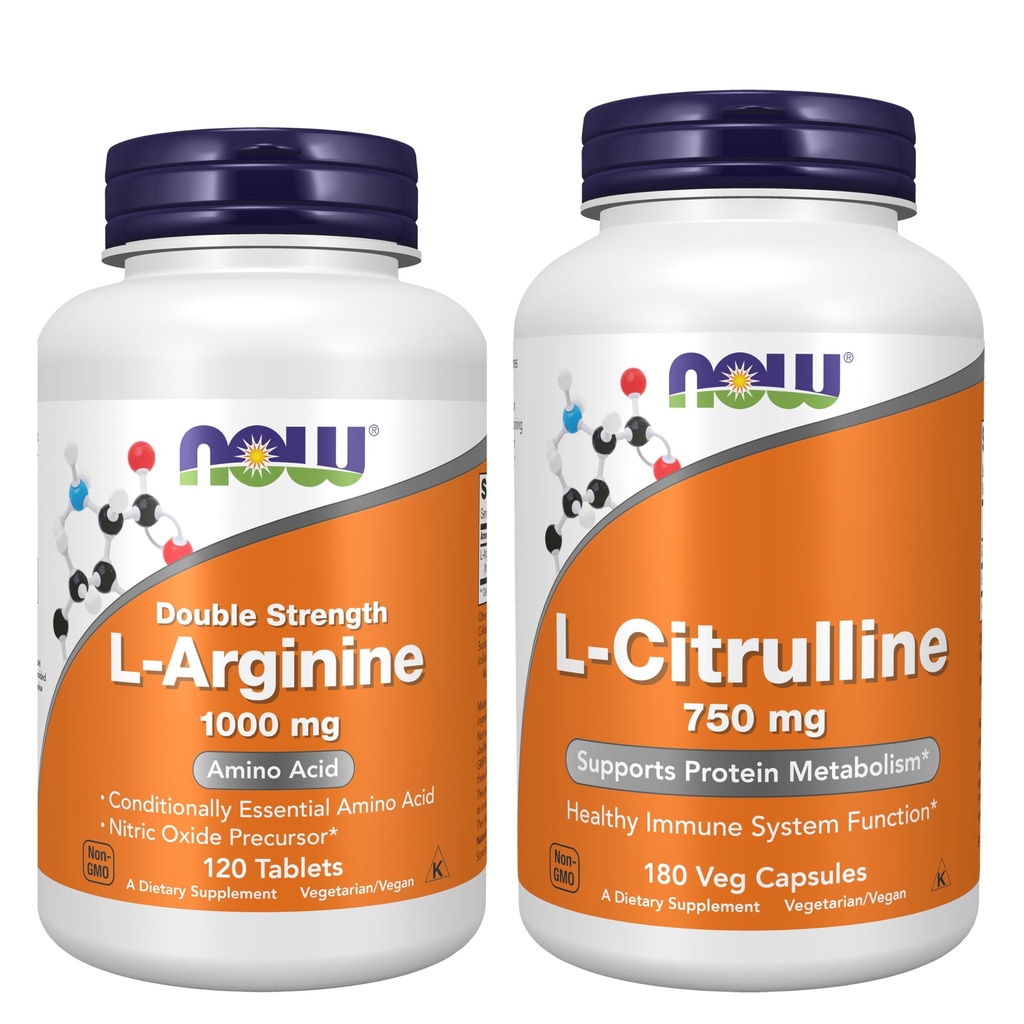 Now Foods L-Arginine + L-Citrulline Amino Acid Bundle - Pharmaceutical Grade L-Arginine for Men & Women 1000mg 120 Tablets + L-Citrulline 750mg 180 Veg Capsules - Protein Support*