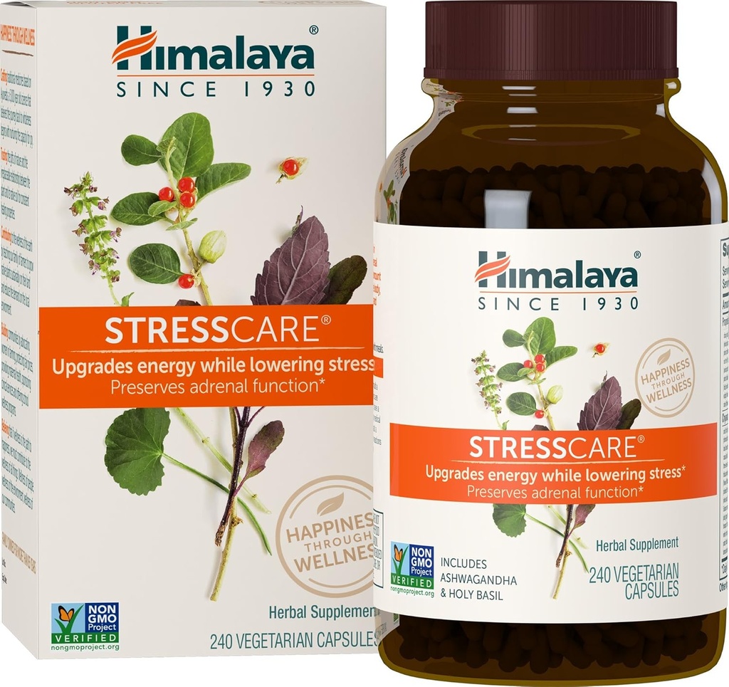 Himalaya StressCare complément à base de plantes, soutient le stress, le soutien énergétique, la relaxation, l'insomnie occasionnelle, Ashwagandha, Saint Basilic/Tulsi, Gotu Kola, non-OGM, végétarien, 240 capsules