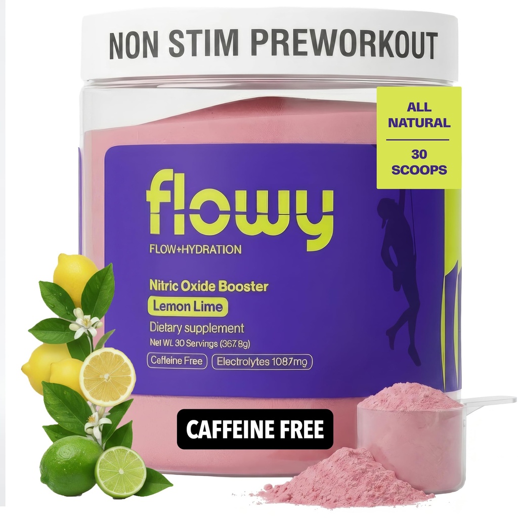 flowy Stim Free Pre Workout – Non Stim Preworkout for Evening Training | 6000mg L-Citrulline + 1087mg Electrolytes | Caffeine Free Nitric Oxide Booster | Lemon Lime, 30 Servings