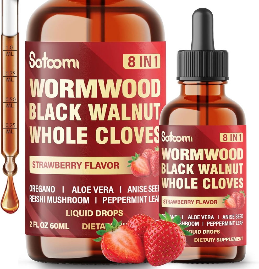 Satoomi 8in1 Wormwood Liquid Drops with Black Walnut, Whole Cloves and 5 More - 60ml for 60 Days Supply