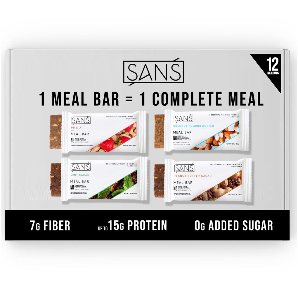 SANS Meal Replacement Protein Bar, Gluten Free, Healthy High Protein Snacks, High Fiber, No Sugar Added, Dairy Free, Soy Free, Variety Pack, 12 Bars