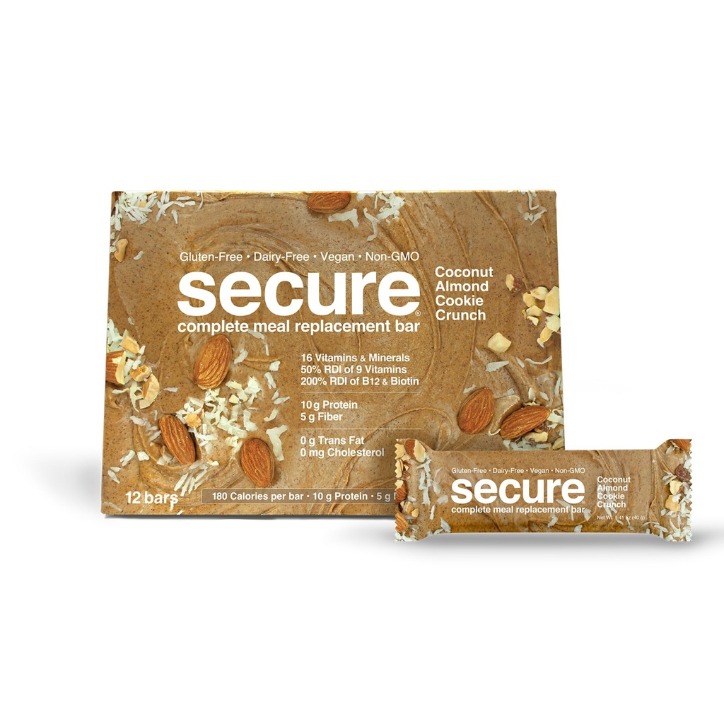 ANDREW LESSMAN Secure Bars 40g - Coconut Almond Cookie Crunch - High Protein & Fiber Snack - 12 Bars - Non-GMO, Gluten-Free, No Artificial Flavors, Vegan, Low Calorie Meal Replacement
