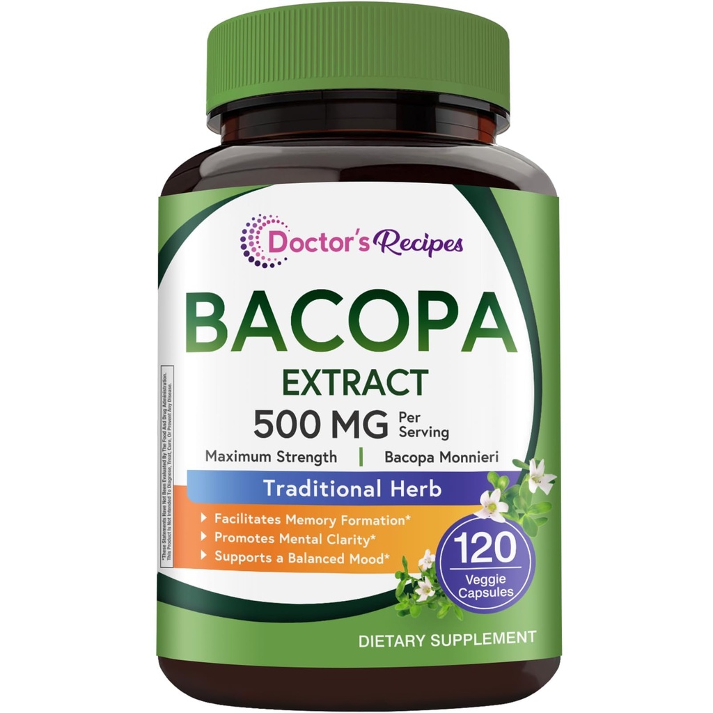 Doctor's Recipes Bacopa Monnieri, High Potency Bacopa Supplement 500 mg, Non-GMO, Support Brain Health, Cognitive Function, Memory, Focus & Calm, 120 Veggie Capsules