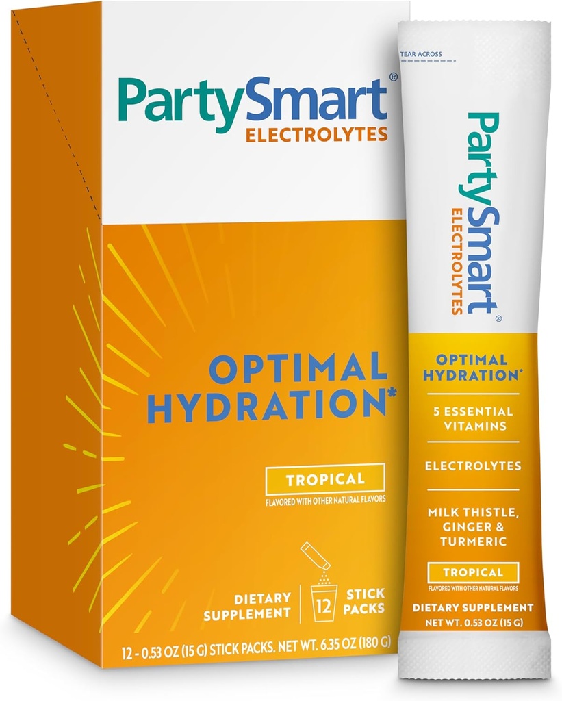 Himalaya PartySmart Tropical Electrolytes Powder Packets, 12 Count, Supports Hydration, Rehydrate with Sodium & Potassium, Vitamin C & More, Antioxidant Recovery Blend Milk Thistle, Ginger & Turmeric