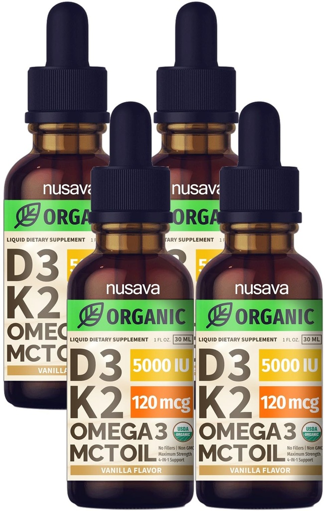 NUSAVA Organic Vitamin D3 K2 Drops with MCT Oil, Vanilla, Pack of 4 | Bone, Heart and Immune Support, Vitamin D3 and K2 with MCT Oil and Omega 3, No Fillers, Liquid Drops for Women and Men