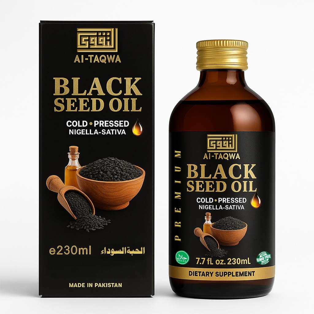 AL-TAQWA Black Seed Oil – Extra Virgin Nigella Sativa (Kalonji) Oil for Hair, Skin & Wellness – Cold-Pressed, Unrefined, Non-GMO, Vegan, Halal – 7.77oz (230ml) Amber Glass Bottle