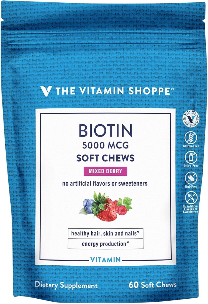 O Vitamina Shoppe Biotin mastiga suave para cabelo, pele e suporte de unhas - 5.000mcg - Berry mista (60 mastigação macia)