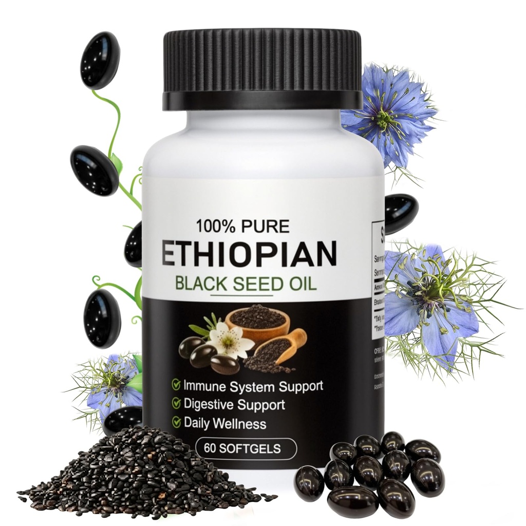 Ethiopian Black Seed Oil Softgels ，Purely Nutrient Ethiopian Black Seed Oil,4.64% Thymoquinone Non-GMO, Gluten-Free,60 Capsules