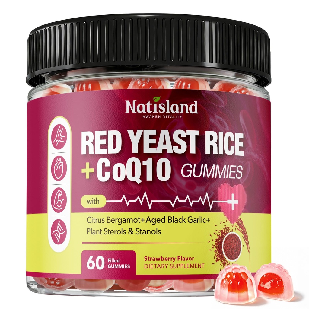 Red Yeast Rice with CoQ10 Gummies, Red Yeast Rice Supplement with Citrus Bergamot & Plant Sterols, Sugar Free, Vegan, Strawberry Flavor, 60 Count