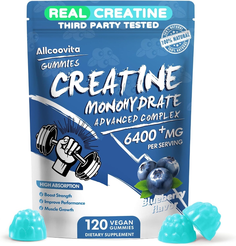 Creatine Monohydraat Gummies Complex for Men & Women - 120 Gummies Advanced Formula, L-Taurine + Vitamine B12 voor spierkracht, spier bouwer, energie Boost, pre-workout supplement -Blueberry