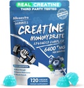 Creatine Monohydrát Gummies Komplex pro muže a ženy - 120 Gummies Advanced Formule, L- Taurin + Vitamin B12 pro svalovou sílu, budování svalů, Energy Boost, Předcvičení doplněk -Borůvka