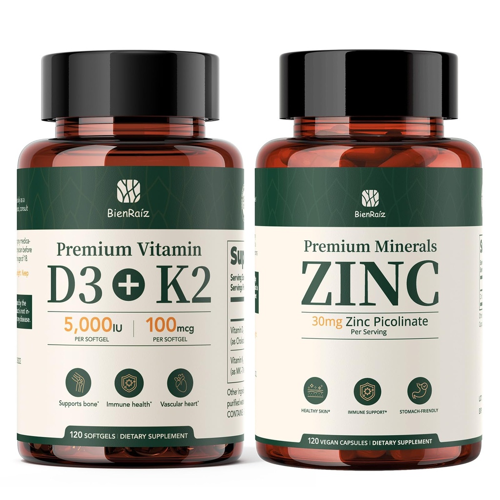 Vitamin D3 K2 5000IU Softgels & Zinc Picolinate 30mg Capsules Supplement Bundle | 2 Bottles Total (120ct Each), D3 K2 for Bone & Heart Health + High Absorption Zinc for Daily Immune & Skin