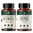 Vitamin D3 K2 5000IU Softgels & Zinc Picolinate 30mg Capsules Supplement Bundle | 2 Bottles Total (120ct Each), D3 K2 for Bone & Heart Health + High Absorption Zinc for Daily Immune & Skin