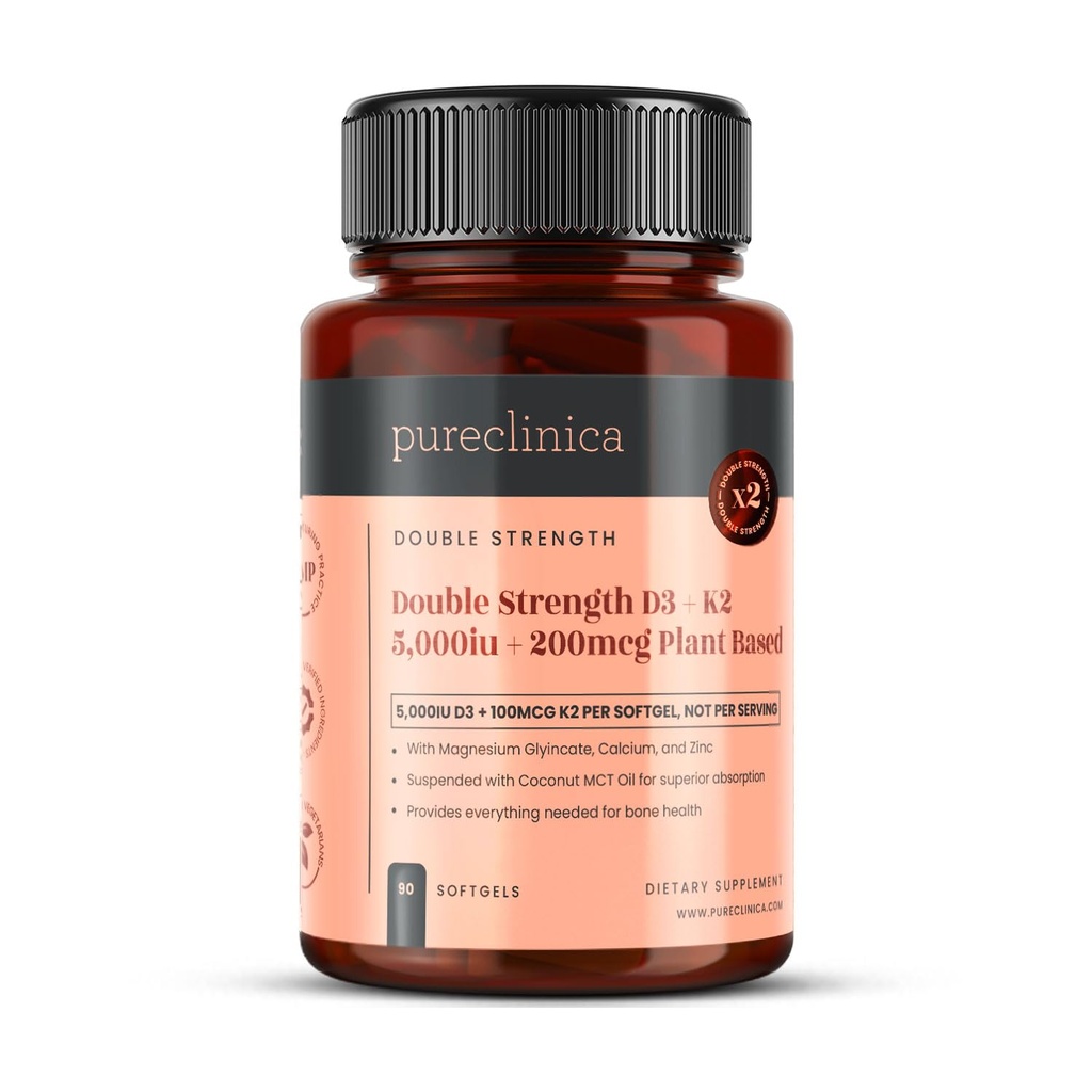 pureclinica Double Strength D3 + K2 Complex x 90 Vegan Softgels – 5000 IU D3 + 100mcg K2 with Magnesium, Calcium & Zinc – 3 Months Supply