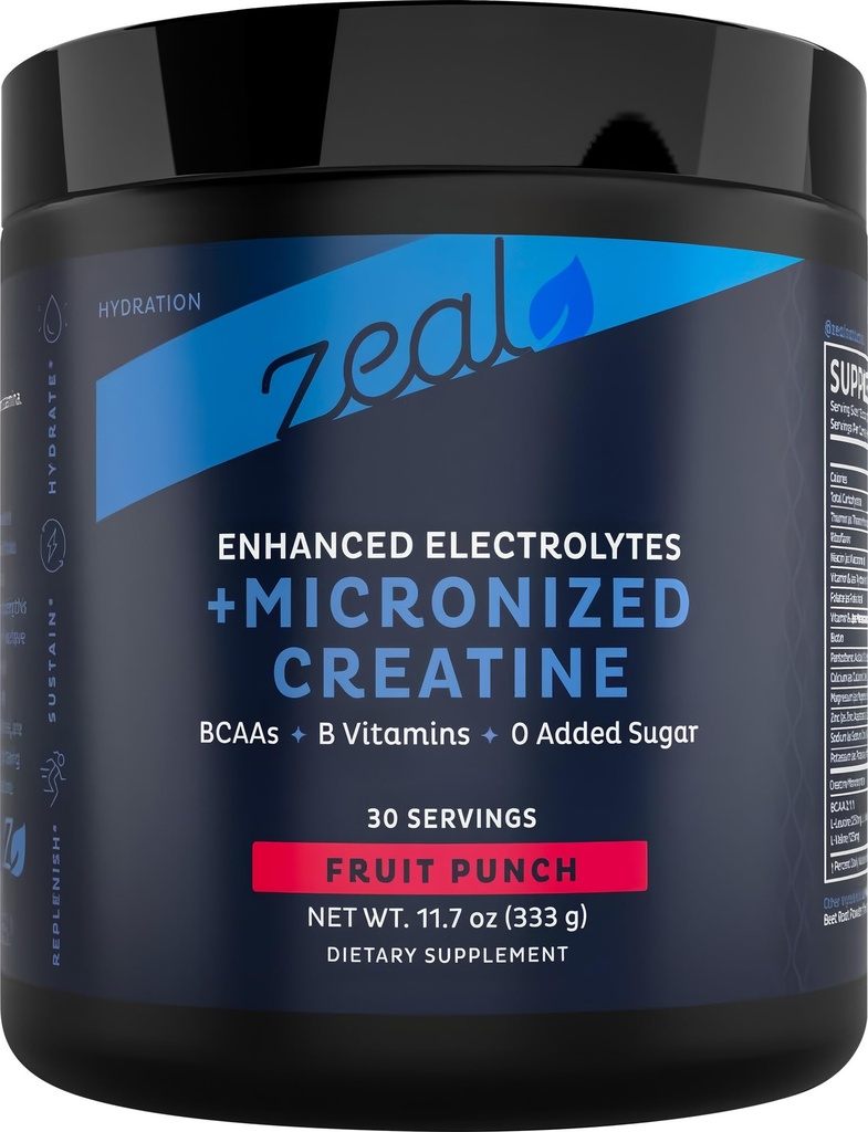 Zeal Naturals Creatine with Electrolytes & Brain Health Nootropics - 30 Servings | Women's Support for Energy, Strength, Focus, & Hydration with B Vitamins | Fruit Punch | Zero Sugar No Bloat Formula