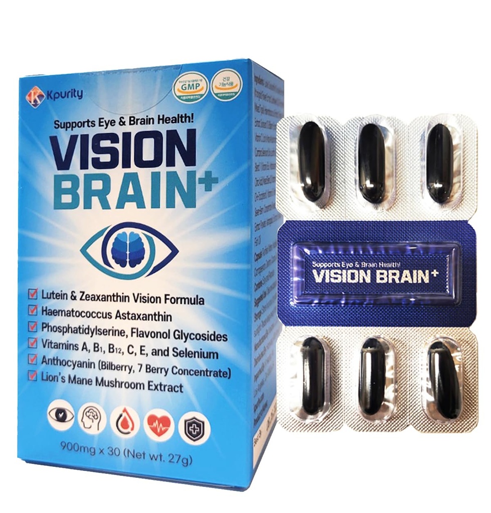 KPurity VisionBrain+ Eye & Brain Health Supplement with Lutein & Zeaxanthin - Enhances Memory, Focus, and Brain Performance - 30-Day Supply Softgels (1 Box, VisionBrain+)