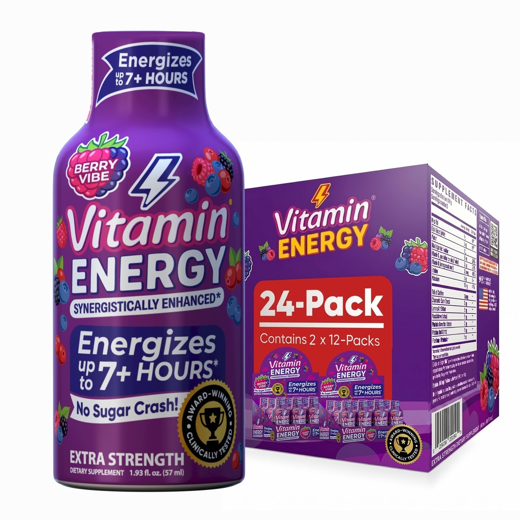 Vitamin Energy Mood+ Extra Strength Energy Shot Tropical Berry 24 Pack, 260mg Natural Caffeine, B-Vitamins, Rhodiola, Chamomile, Mood & Energy Support, Zero Sugar, Gluten-Free, Vegan, 1.93 fl oz