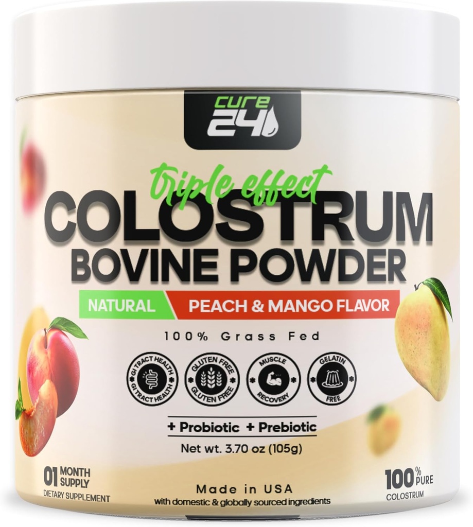 인간을 위한 Bovine X3 Colostrum 보충교재 분말, 100% 순수한 전체적인 자연적인 잔디에 의하여 먹인 Superfood, 높은 IgG, 플러스 Probiotic & Prebiotic, 자연적인 복숭아 망고 풍미, 미국에서 만드는