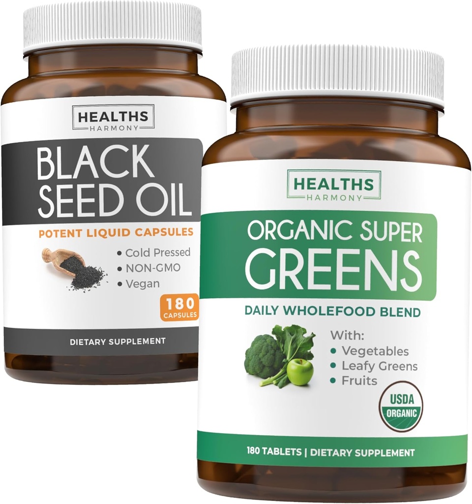 Black Seed Oil &amp; Organic Super Greens (3-Month Supply) Seed & Sprout Bundle of Black Seed Oil (180 Capsules) Cold-Presed Nigella Sativa & Organic Super Greens Powder (180 Tablets) Complete Superfood