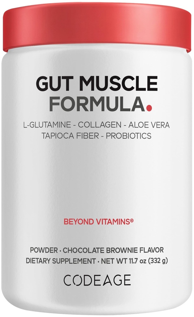 Codeage Gut Muscle Formula - L-Glutamine, Hydrolyzed Collagen, Prebiotic Fiber, Aloe Vera, Probiotics, Zinc - Sports Nutrition Supplement, Chocolate Brownie Flavored-Powder - Non-GMO - 11.7 oz