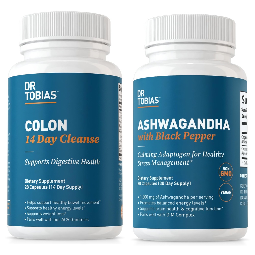Dr. Tobias Colon 14 Day Cleanse and Ashwagandha Capsules, Colon Cleanse Detox and Calming Adaptogen, Supports Energy & Immune Health, Non-GMO