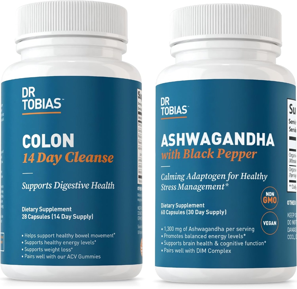 Dr. Tobias Colon Hari Cleanse dan Ashwagandha Capsules, Colon Cleanse Detox dan Calming Adaptogen, Support Energy & Imune Health, Non-GMO