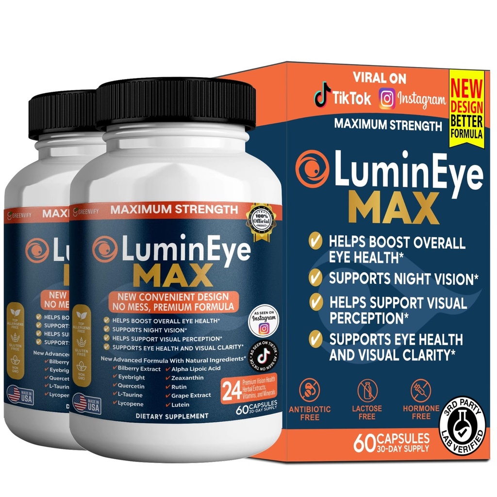LuminEye MAX Eye Health Supplement, 60 Veggie Capsules, with Lutein, Bilberry Extract, 24 Premium Ingredients, Maximum Strength Vision Support (2)