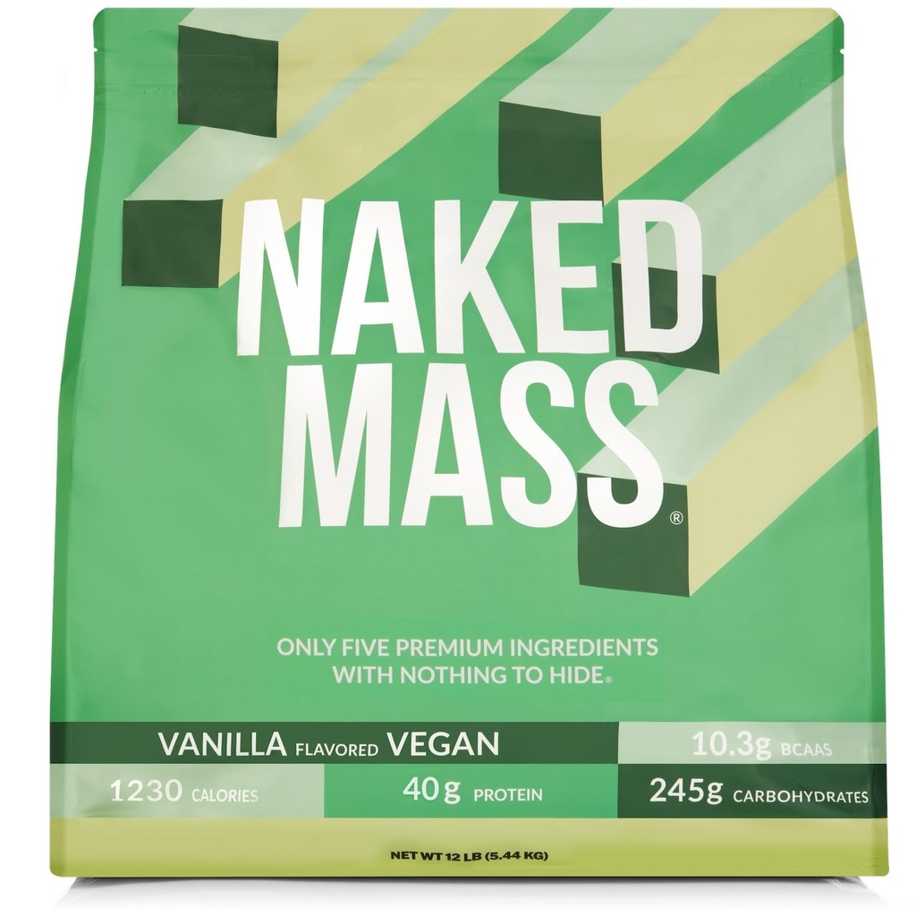 NAKED Vegan Mass - Vanilla Vegan Weight Gainer - 1,230 Calories, NSF Certified, Non-GMO, Soy & Gluten Free, No Artificial Ingredients - 12LB Bulk - 17 Servings