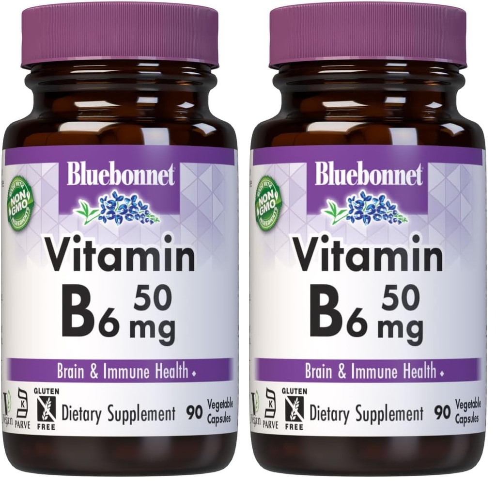 BlueBonnet Nutrition Vitamin B6 50mg Energy Vitamins for Women & Men - Nervous System Immune & Heart Health Support Supplement - Non-GMO, Vegan, Gluten-Free - 90 Vegetable Capsules (Pack of 2)