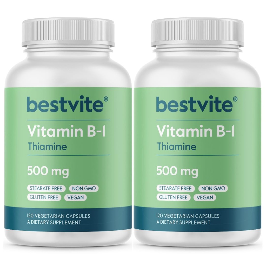 BESTVITE Vitamin B-1 (Thiamin) 500mg (240 Vegetarian Capsules) (2 x120) - No Stearates - Vegan - No Calcium Carbonate - Non GMO - Gluten Free - No Silicon Dioxide