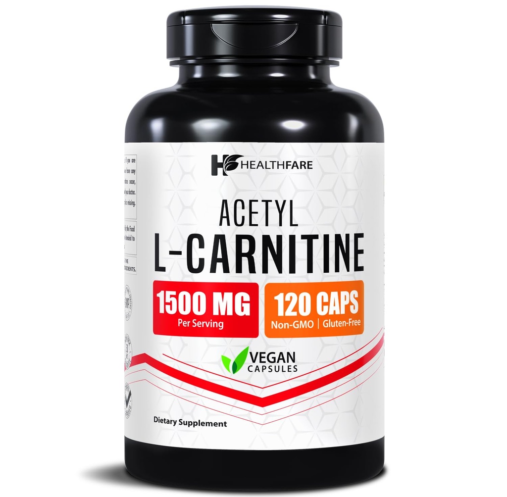 Healthfare L Carnitine Capsules 1500mg | High Potency (ALCAR) Supplement | 120 Acetyl L-Carnitine Vegetarian Pills | Energy & Wellness Support | Non-GMO, Gluten-Free | Made in USA