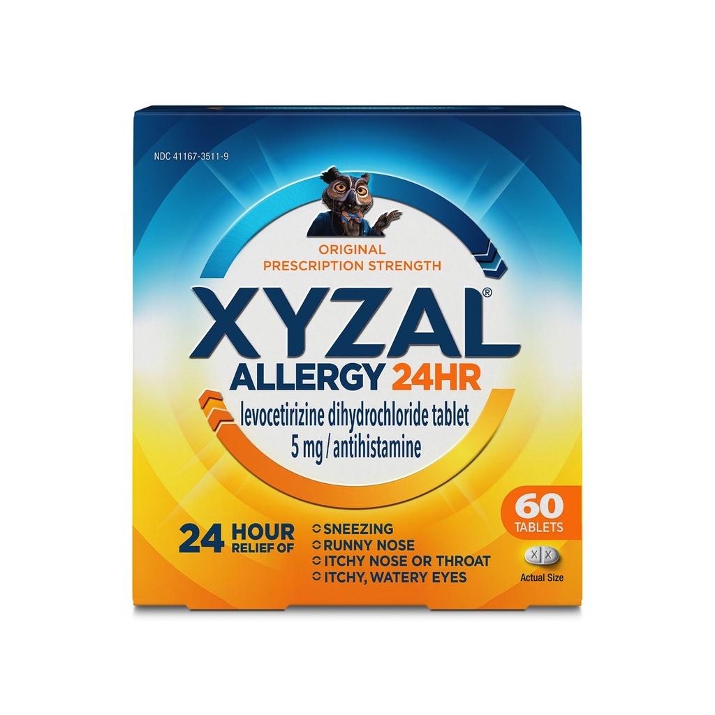 Xyzal 24 Hour Allergy Relief Medicine, Original Prescription Strength Antihistamine, Levocetirizine Dihydrochloride Tablets, 5 mg, 60 Count