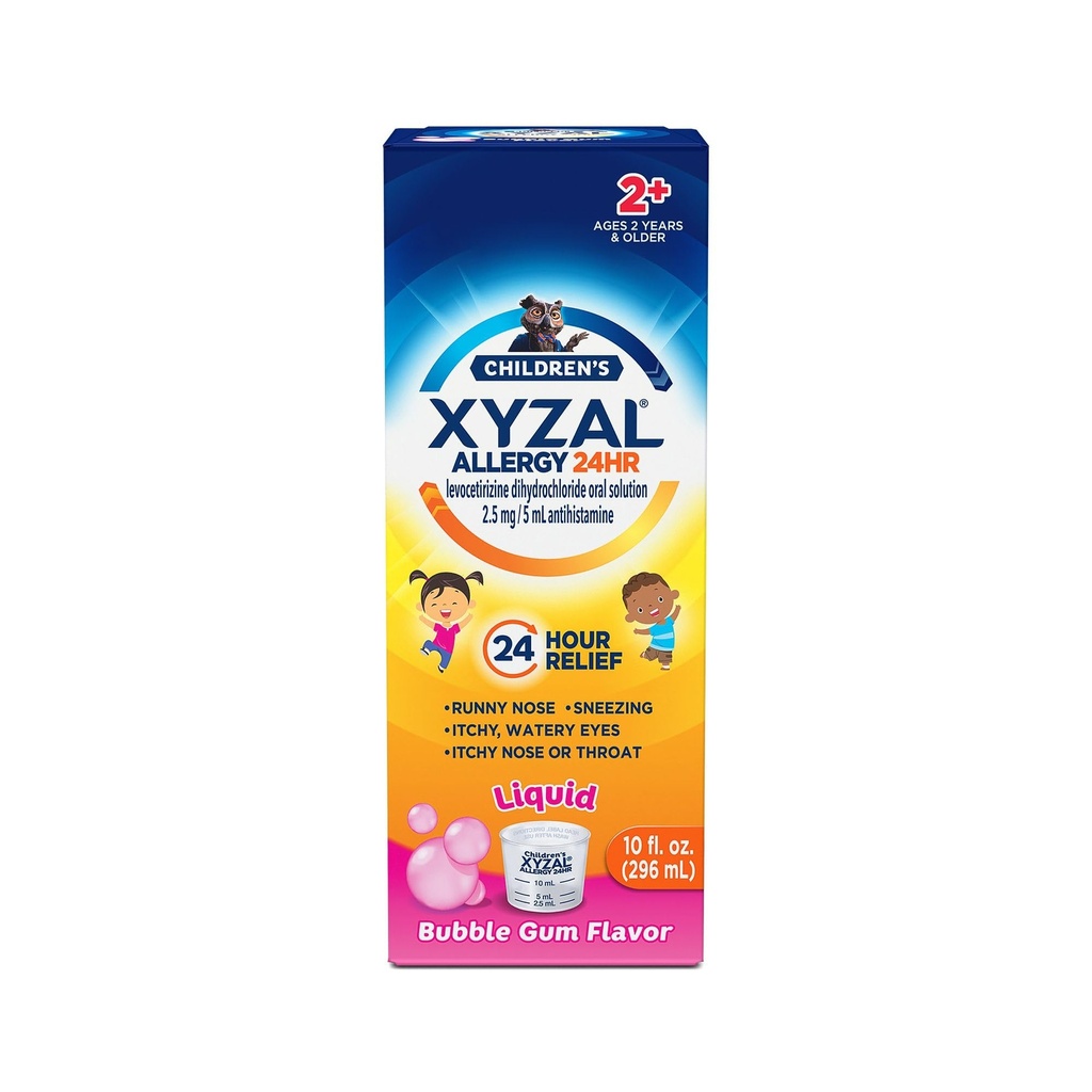 Xyzal Children's 24 Hour Allergy Relief Medicine for Kids, Levocetirizine Dihydrochloride Liquid Antihistamine, Bubble Gum, 10 Fl. oz.