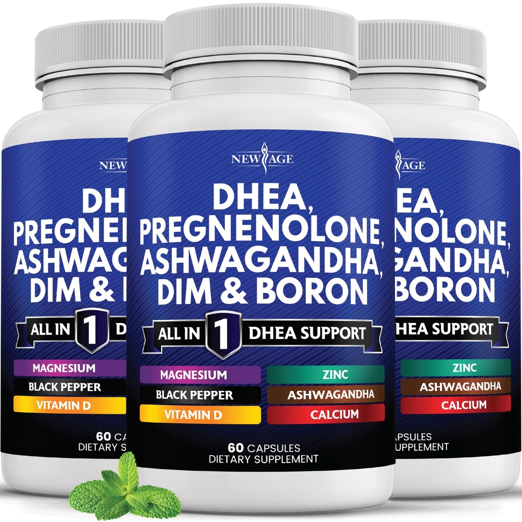 NEW AGE DHEA Supplement - Pregnenolone for Men & Women with DIM, Ashwagandha, Boron, Calcium, Magnesium, Zinc, Vitamin D3 5000iu - Support Capsules - 180 Count